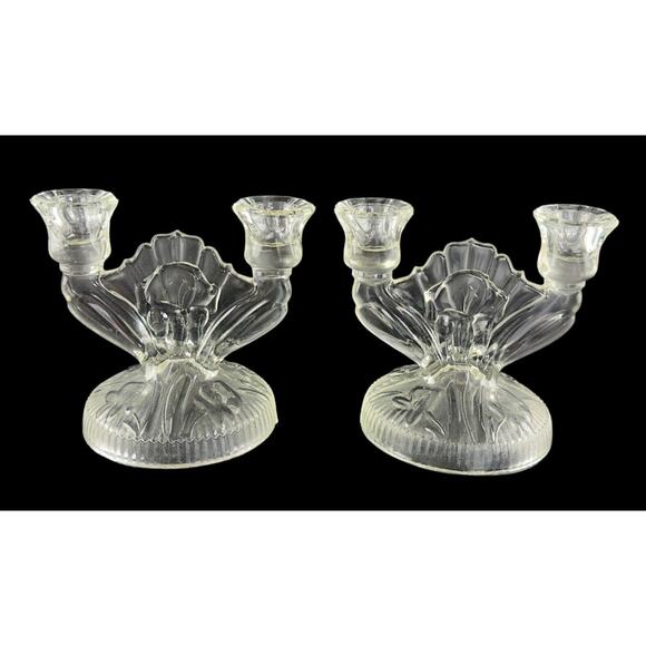 Vintage Clear Glass Double Candlestick Holders Set Of 2 Iris & Herringbone - Picture 1 of 16